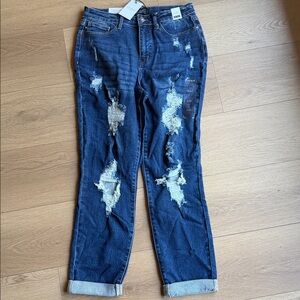 Judy Blue Dark Blue Distressed Boyfriend Jeans